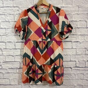 THML S Mini Dress Tiered Geo Print Dopamine Orange Pink Puff Sleeves Maximalism